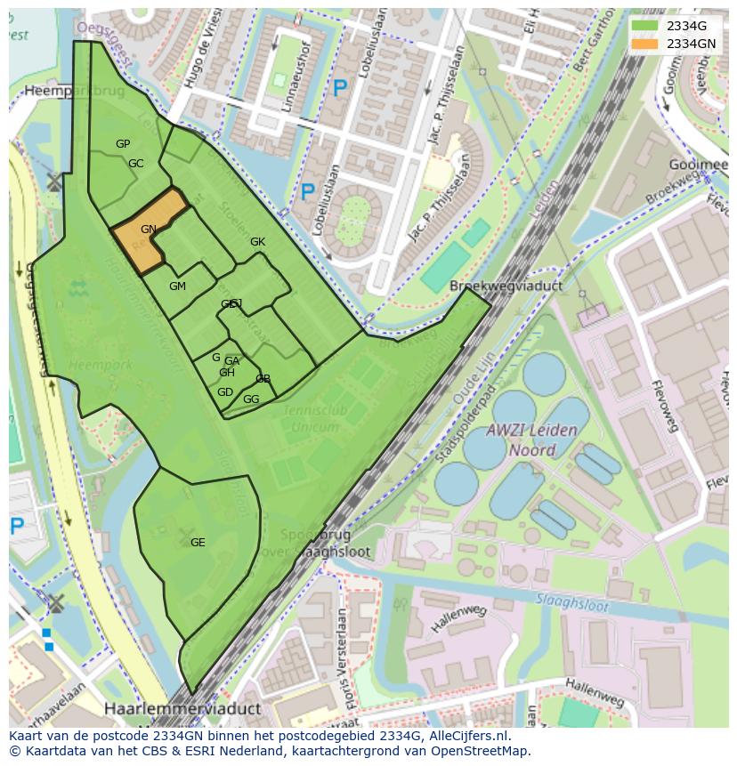 Afbeelding van het postcodegebied 2334 GN op de kaart.