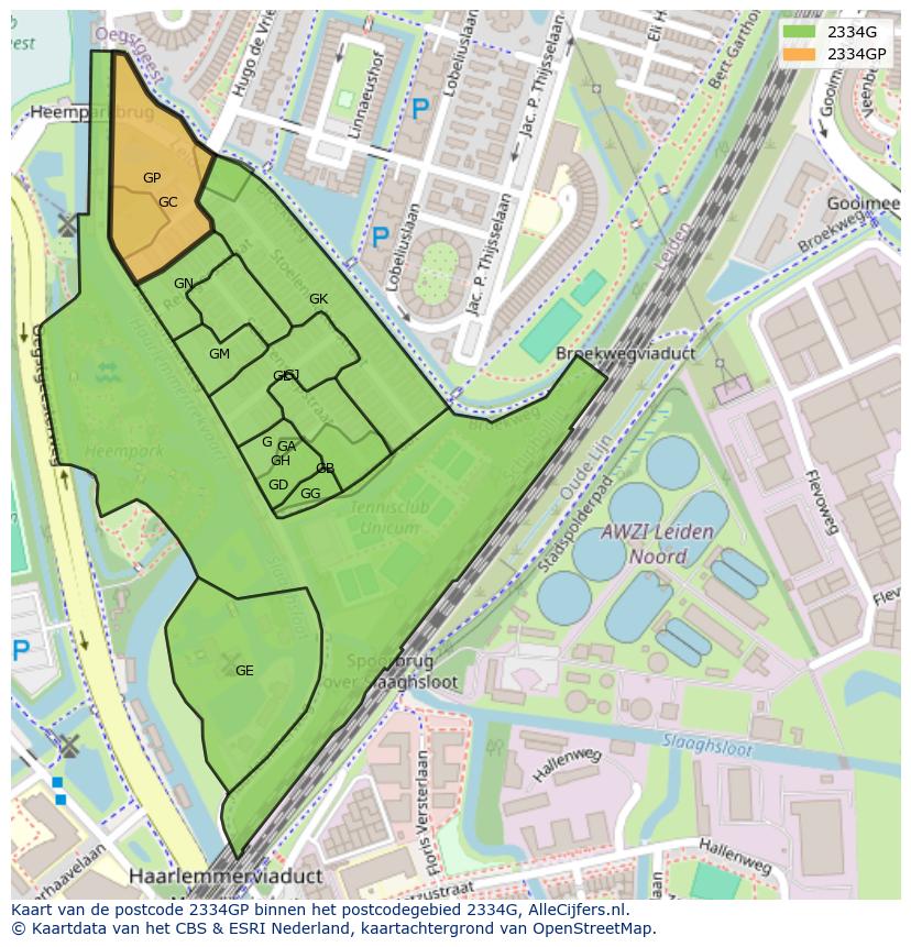 Afbeelding van het postcodegebied 2334 GP op de kaart.