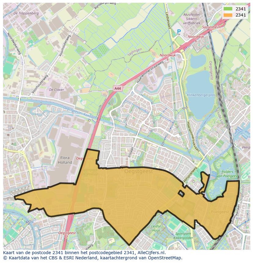 Afbeelding van het postcodegebied 2341 op de kaart.
