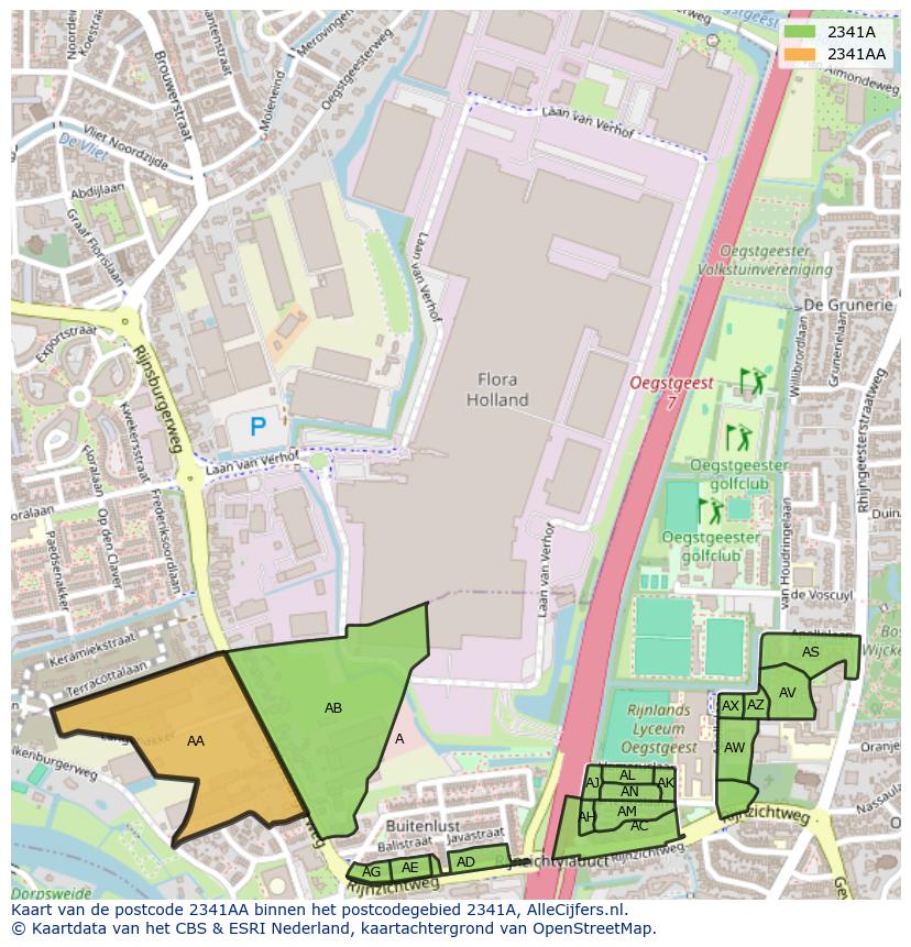 Afbeelding van het postcodegebied 2341 AA op de kaart.