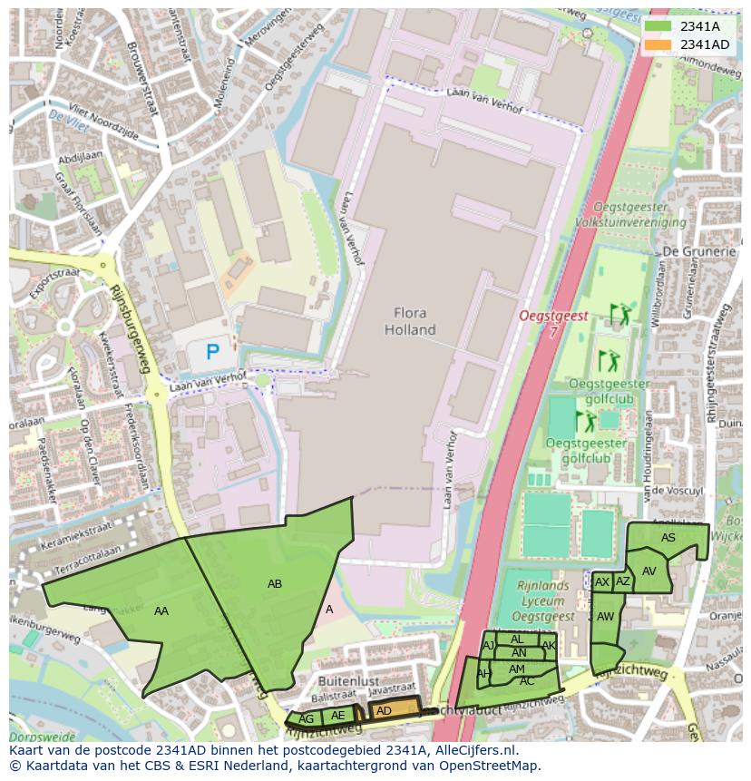Afbeelding van het postcodegebied 2341 AD op de kaart.