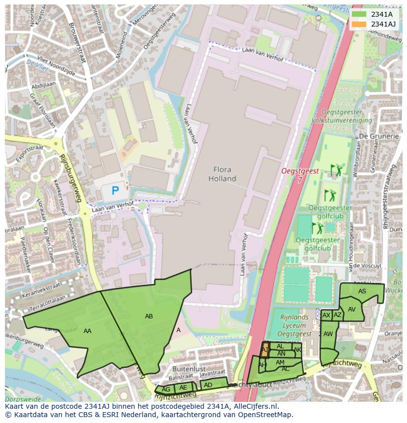 Afbeelding van het postcodegebied 2341 AJ op de kaart.