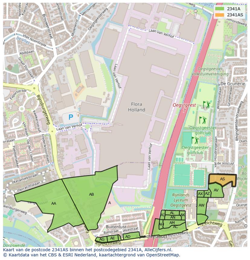 Afbeelding van het postcodegebied 2341 AS op de kaart.