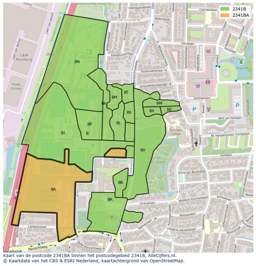 Afbeelding van het postcodegebied 2341 BA op de kaart.