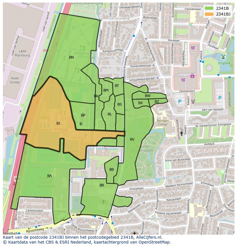 Afbeelding van het postcodegebied 2341 BJ op de kaart.