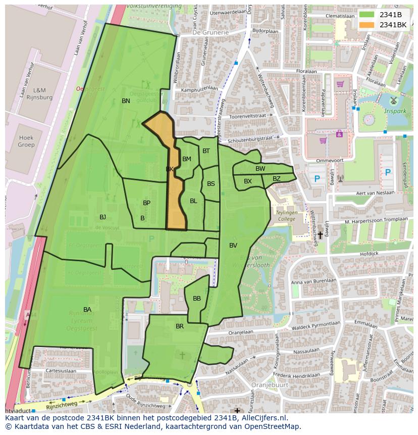 Afbeelding van het postcodegebied 2341 BK op de kaart.