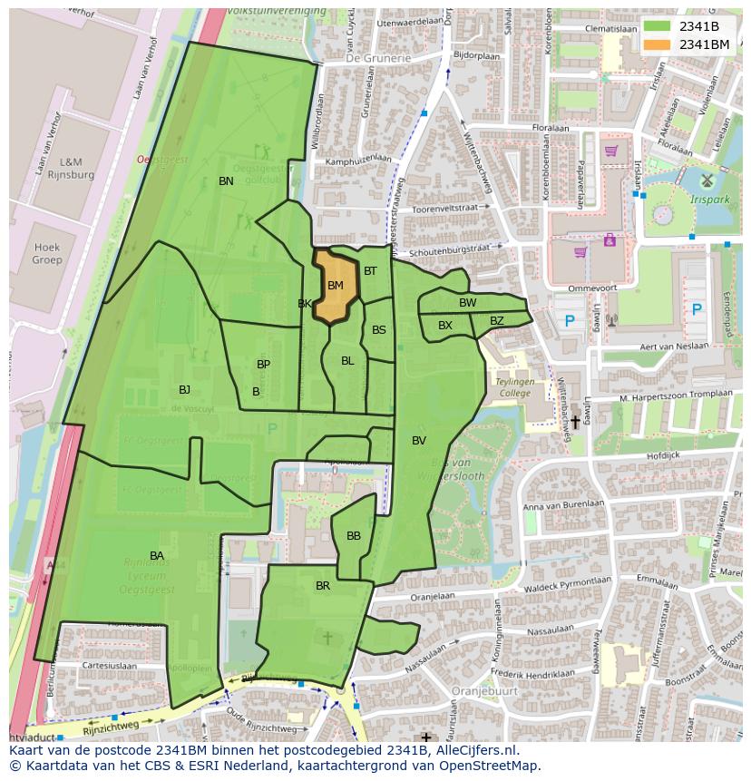 Afbeelding van het postcodegebied 2341 BM op de kaart.
