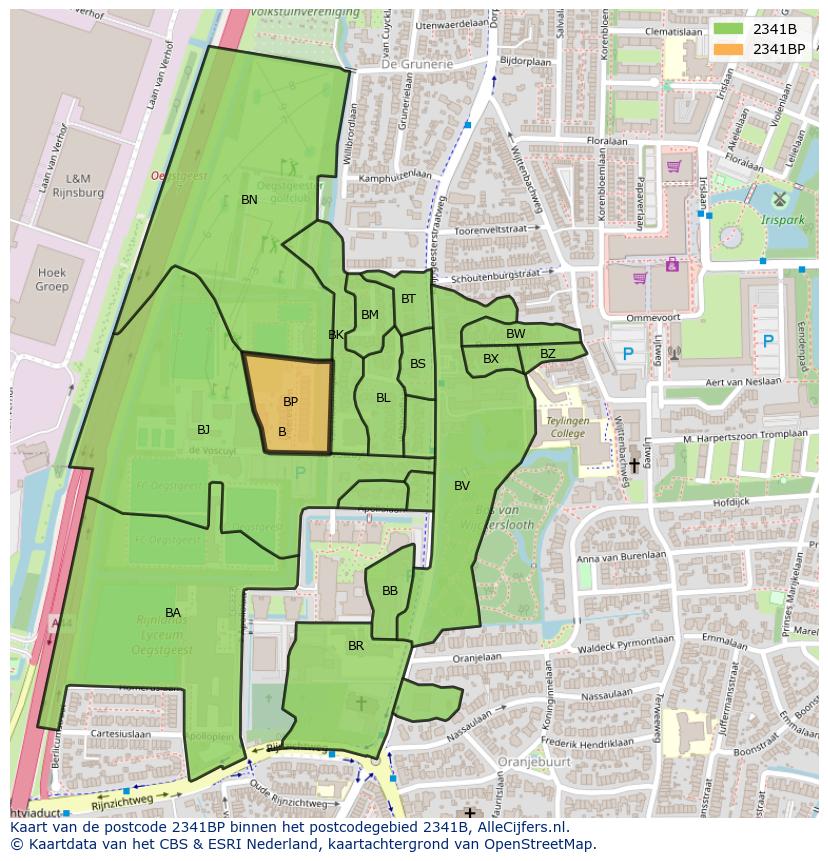Afbeelding van het postcodegebied 2341 BP op de kaart.