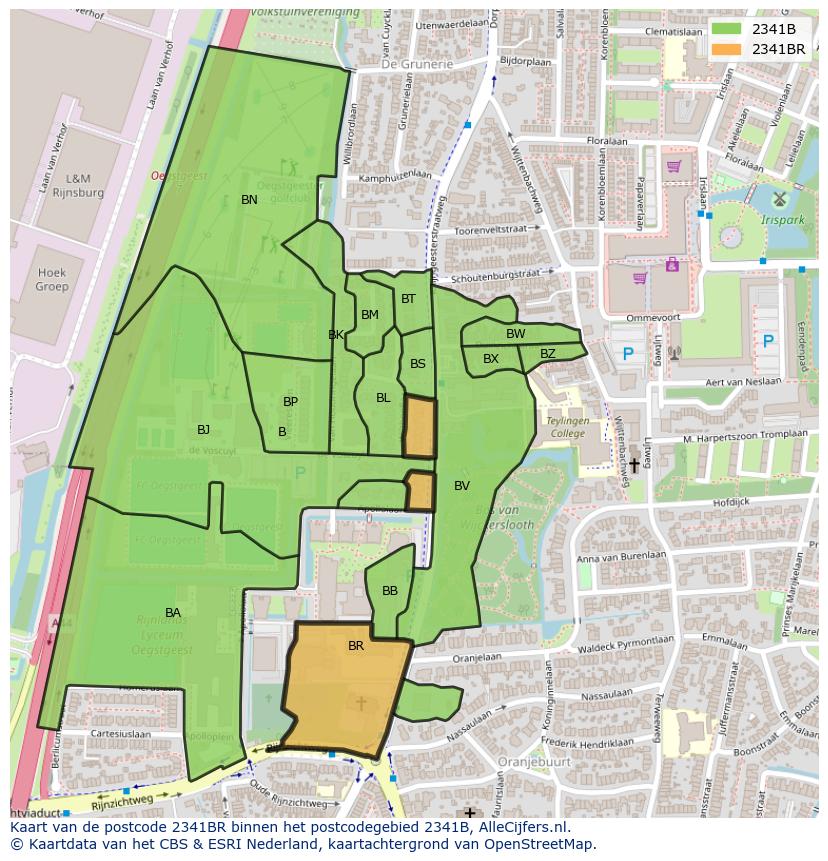 Afbeelding van het postcodegebied 2341 BR op de kaart.