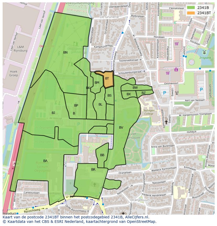Afbeelding van het postcodegebied 2341 BT op de kaart.