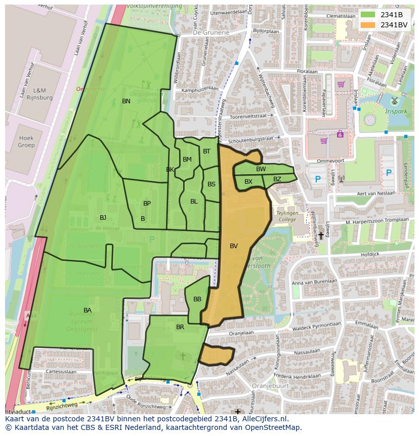 Afbeelding van het postcodegebied 2341 BV op de kaart.