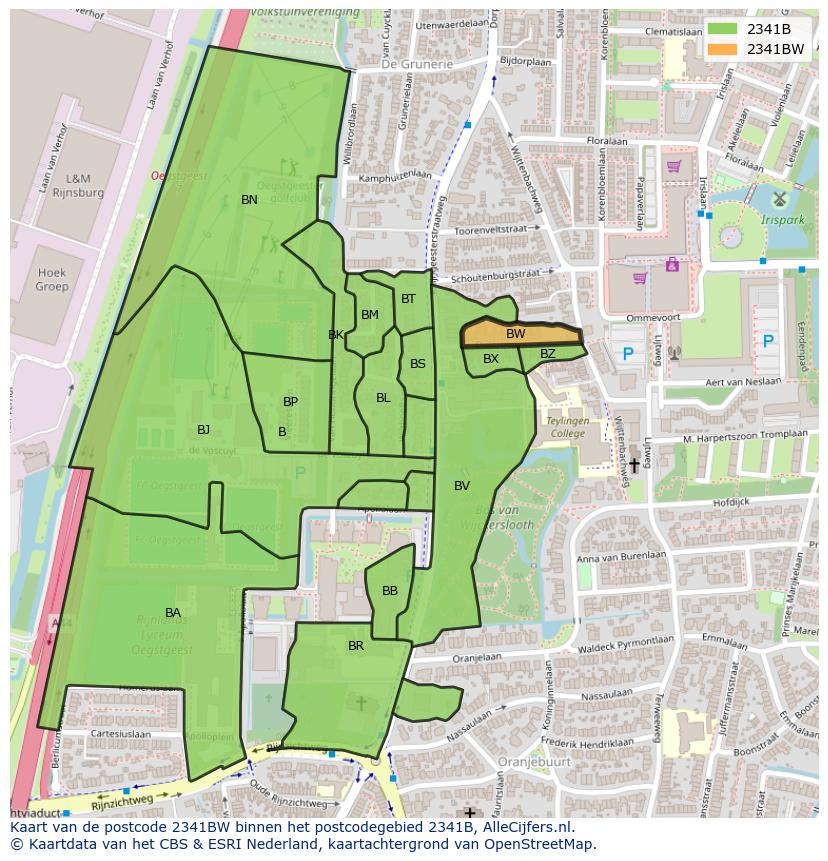 Afbeelding van het postcodegebied 2341 BW op de kaart.