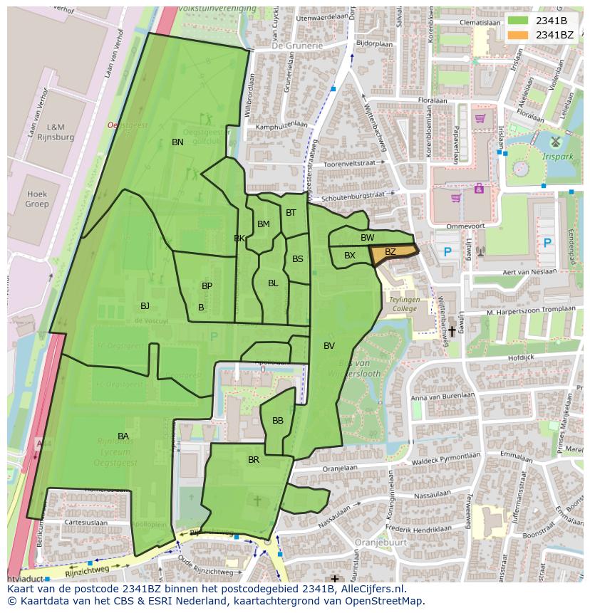 Afbeelding van het postcodegebied 2341 BZ op de kaart.