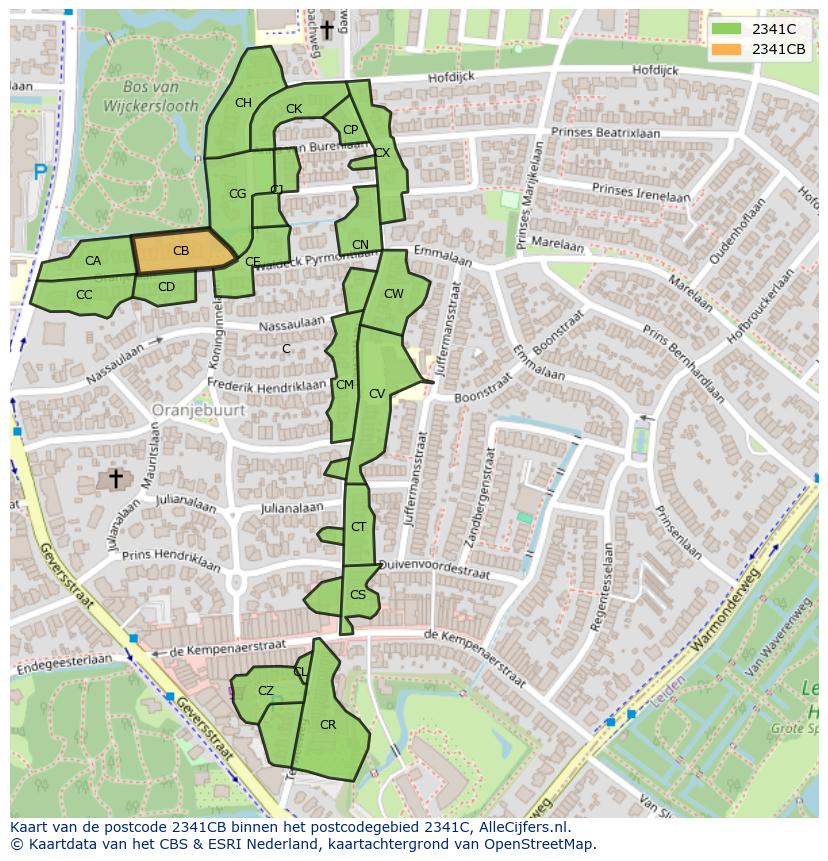 Afbeelding van het postcodegebied 2341 CB op de kaart.