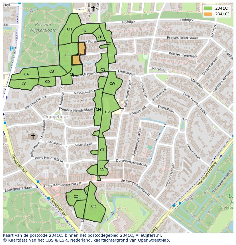 Afbeelding van het postcodegebied 2341 CJ op de kaart.