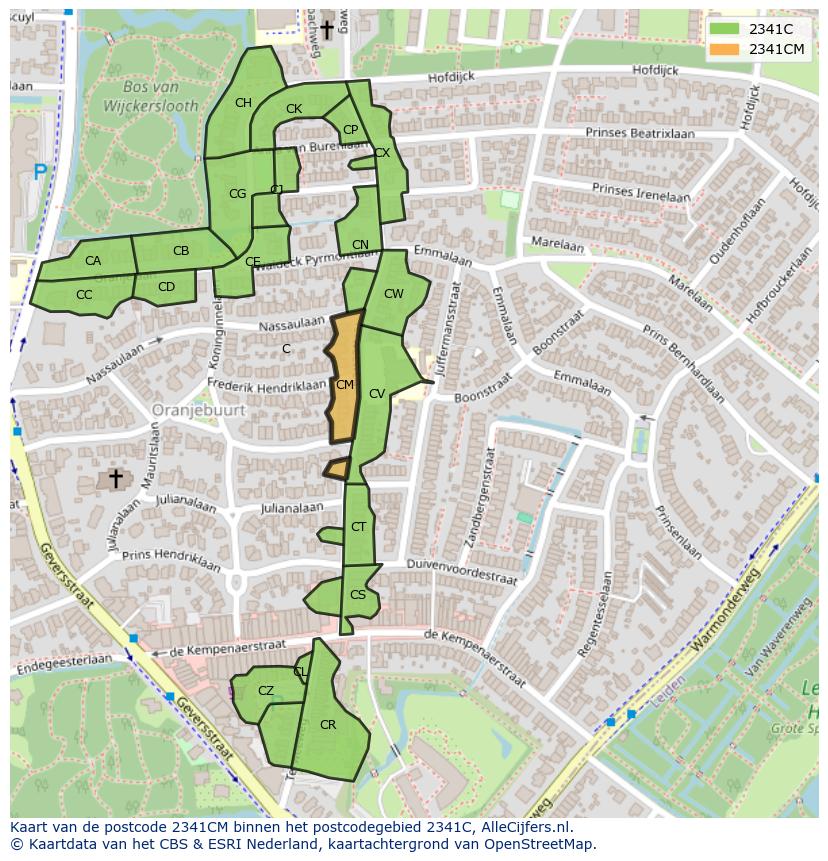 Afbeelding van het postcodegebied 2341 CM op de kaart.