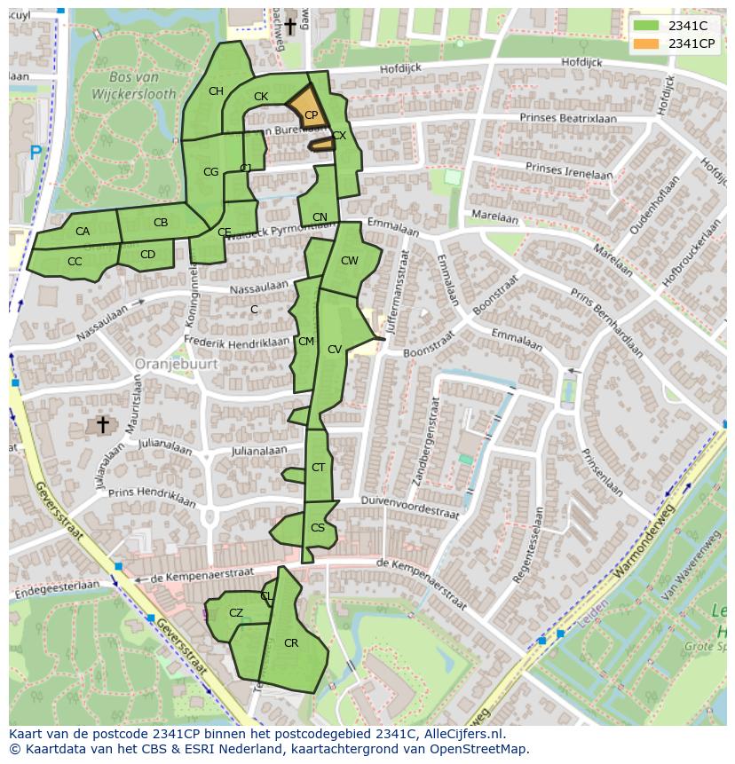 Afbeelding van het postcodegebied 2341 CP op de kaart.