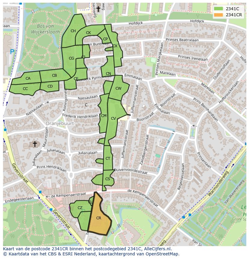 Afbeelding van het postcodegebied 2341 CR op de kaart.