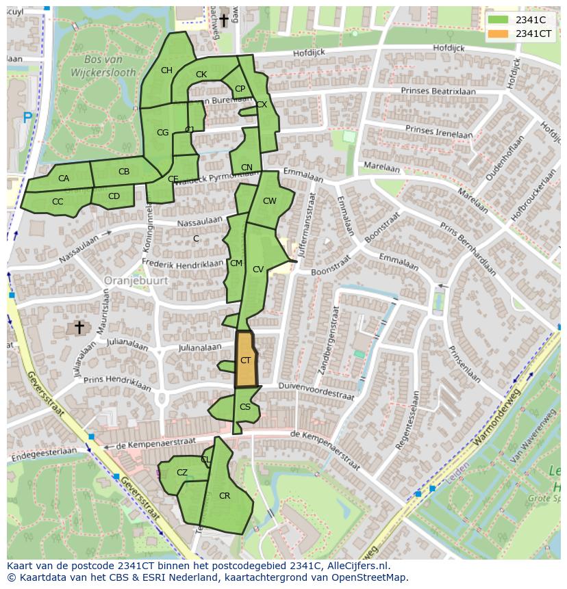 Afbeelding van het postcodegebied 2341 CT op de kaart.