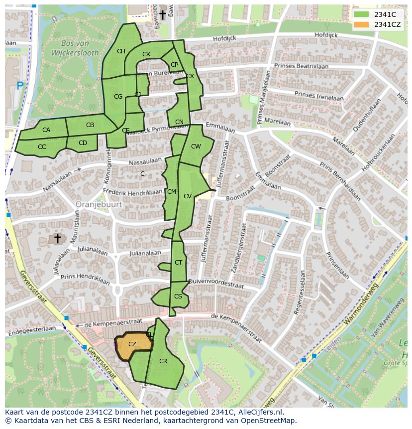 Afbeelding van het postcodegebied 2341 CZ op de kaart.