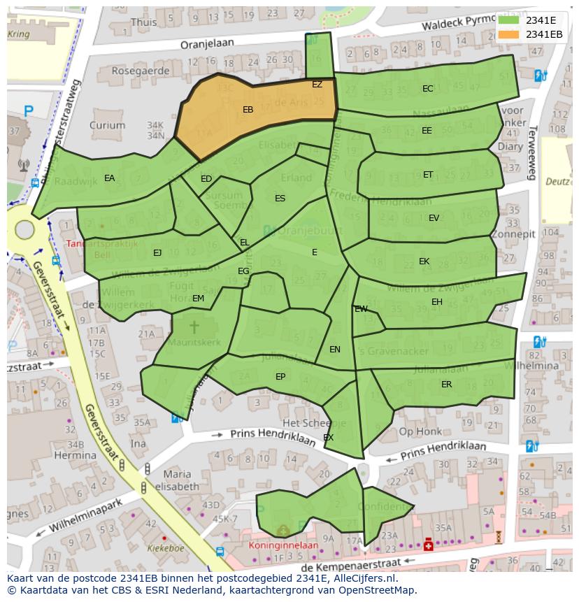 Afbeelding van het postcodegebied 2341 EB op de kaart.