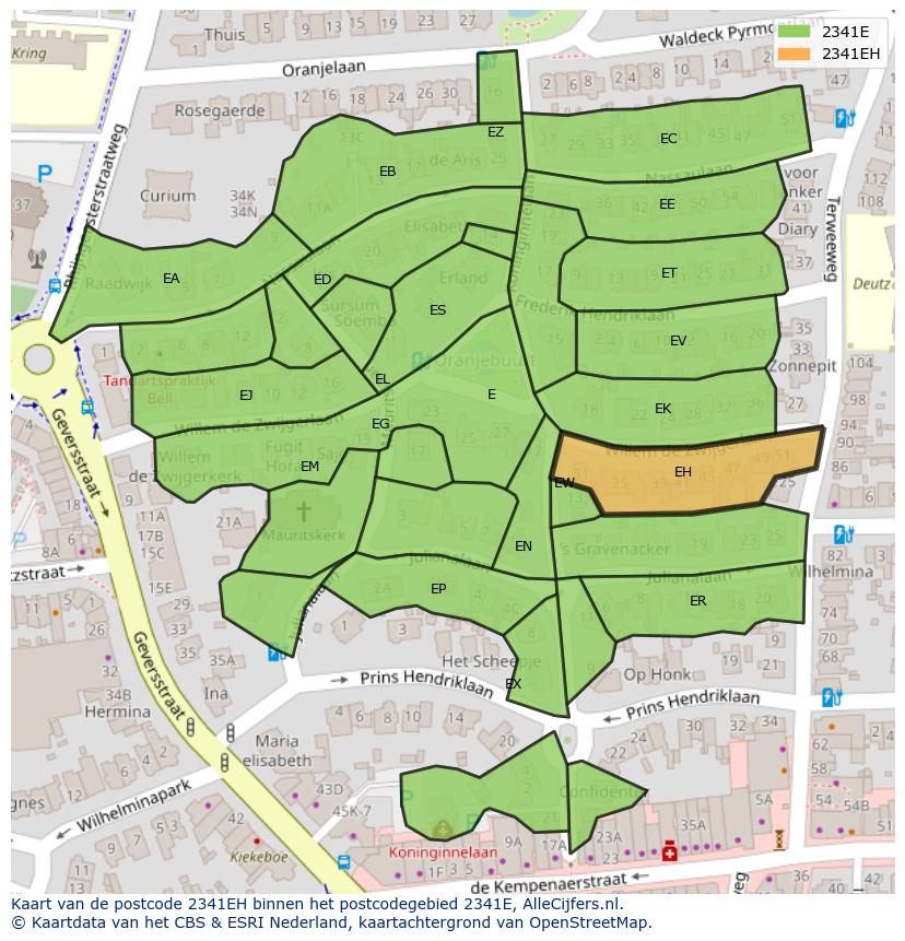 Afbeelding van het postcodegebied 2341 EH op de kaart.