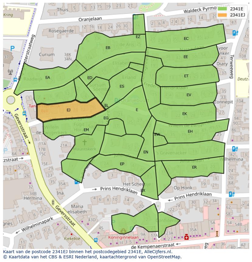 Afbeelding van het postcodegebied 2341 EJ op de kaart.