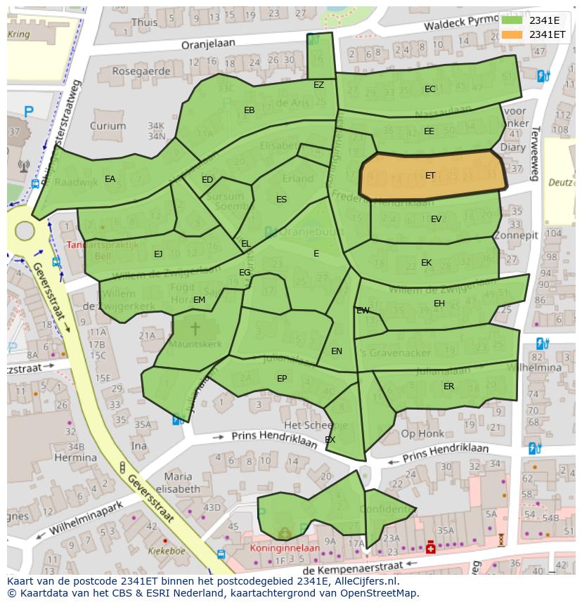 Afbeelding van het postcodegebied 2341 ET op de kaart.