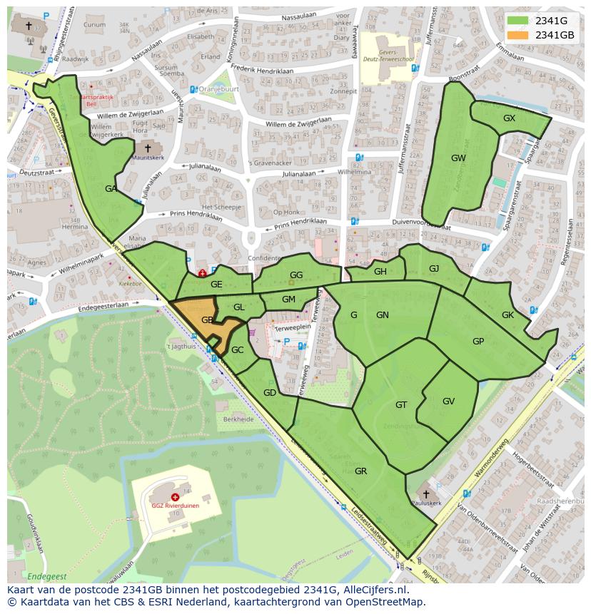 Afbeelding van het postcodegebied 2341 GB op de kaart.
