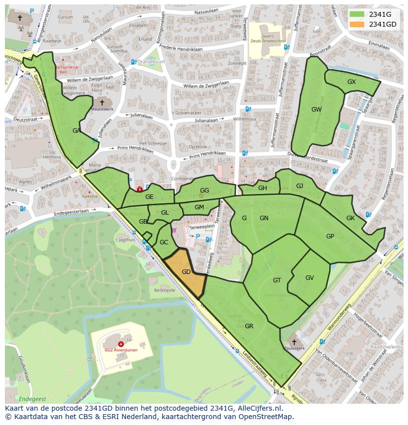 Afbeelding van het postcodegebied 2341 GD op de kaart.