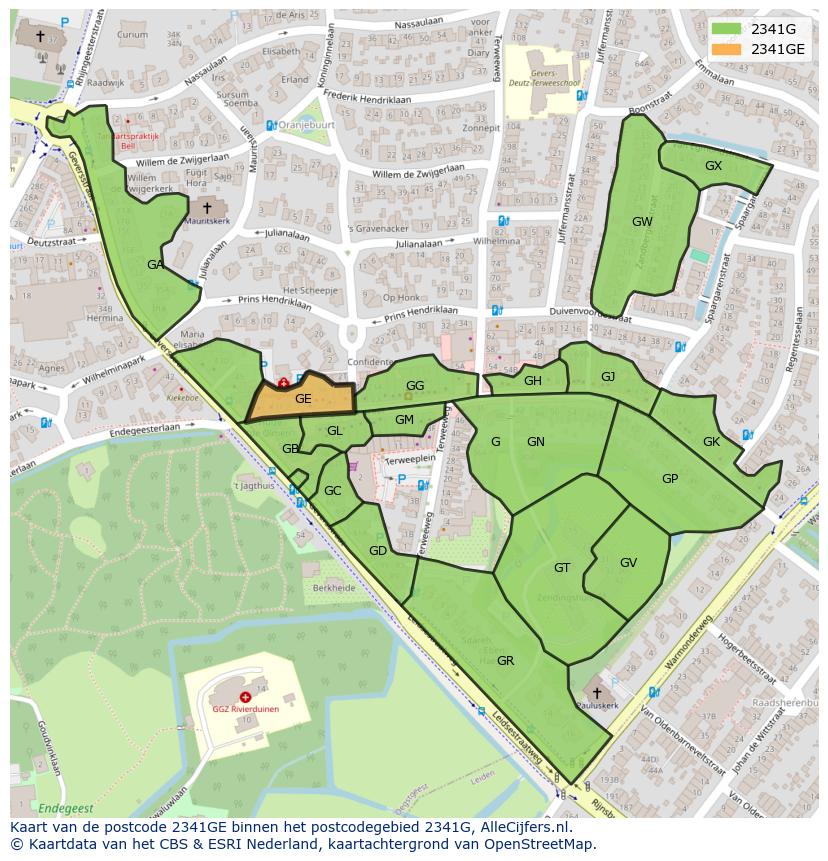 Afbeelding van het postcodegebied 2341 GE op de kaart.