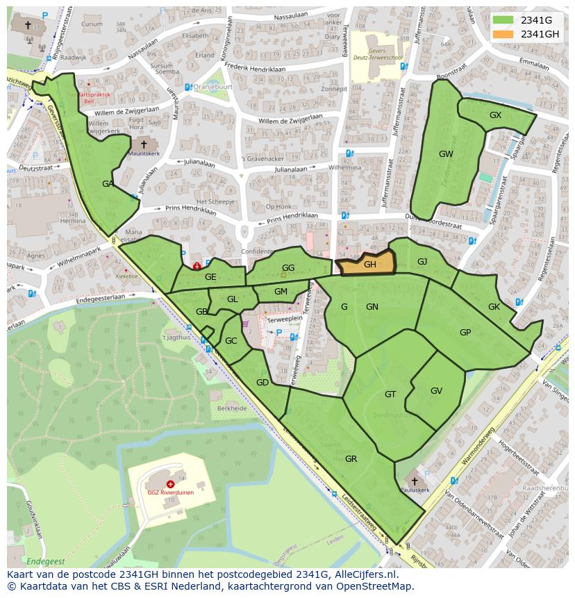 Afbeelding van het postcodegebied 2341 GH op de kaart.