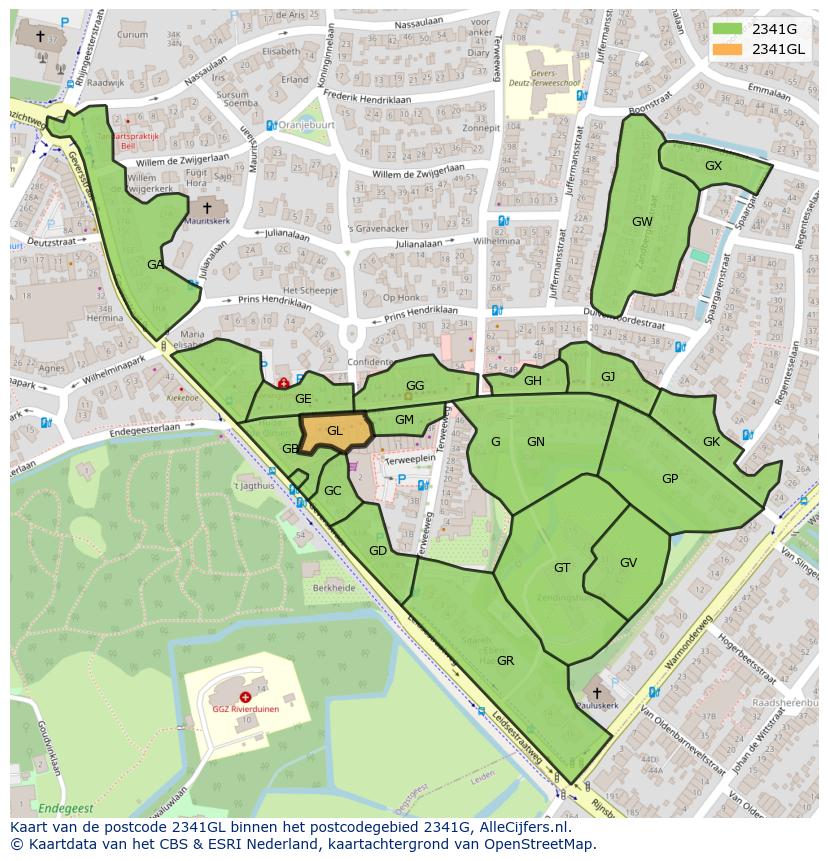 Afbeelding van het postcodegebied 2341 GL op de kaart.