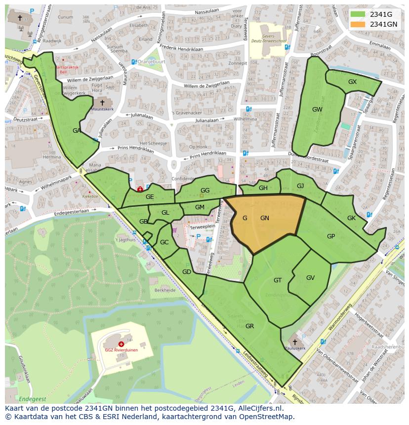 Afbeelding van het postcodegebied 2341 GN op de kaart.
