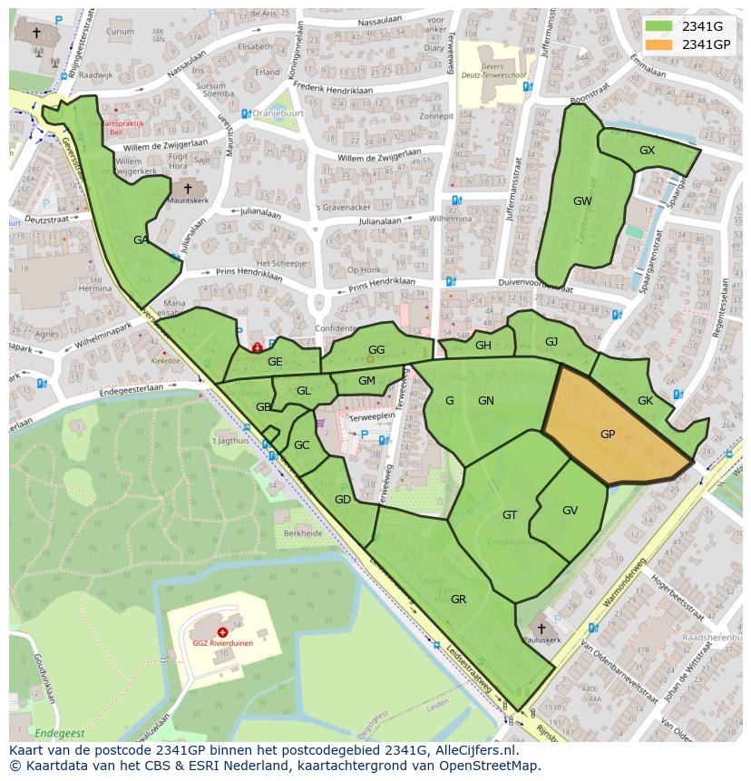 Afbeelding van het postcodegebied 2341 GP op de kaart.