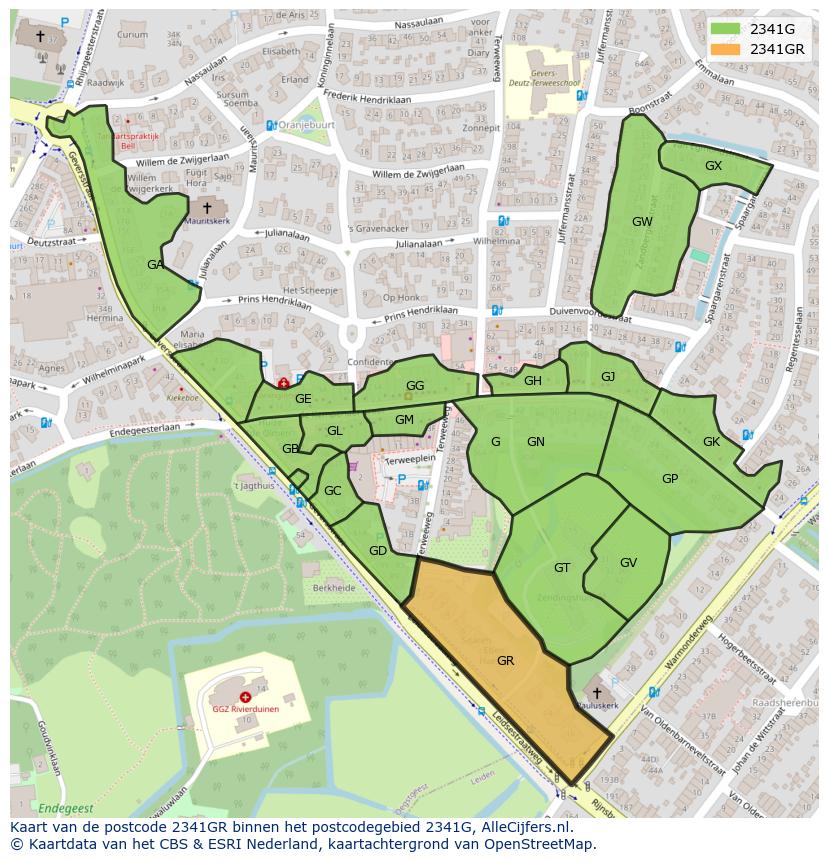 Afbeelding van het postcodegebied 2341 GR op de kaart.