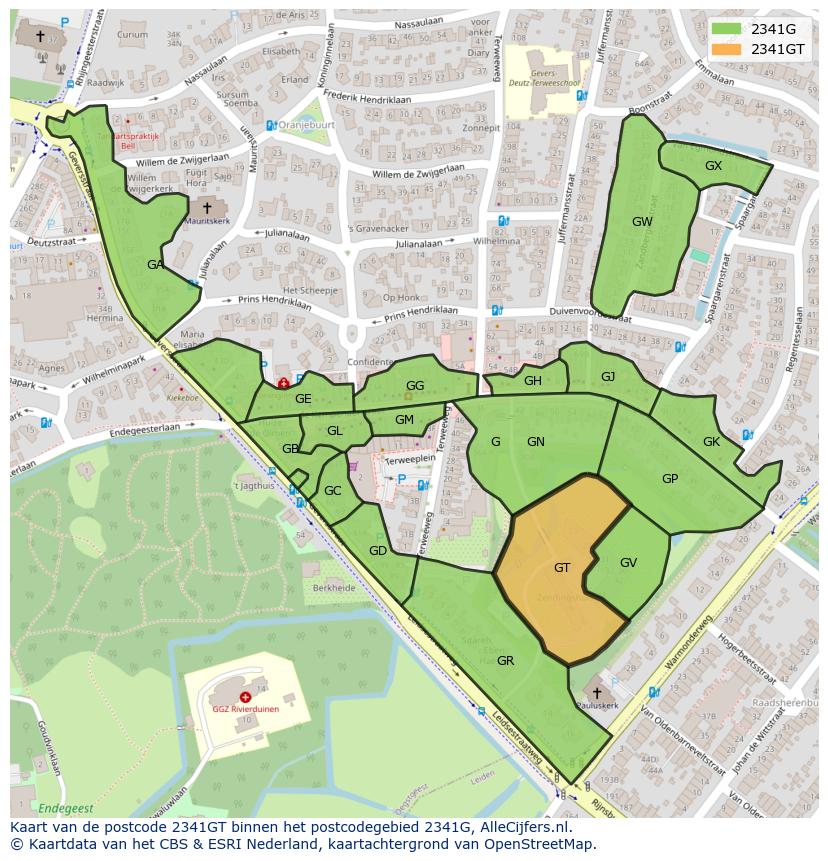 Afbeelding van het postcodegebied 2341 GT op de kaart.