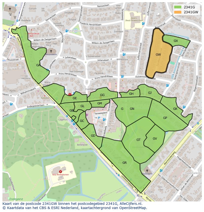 Afbeelding van het postcodegebied 2341 GW op de kaart.