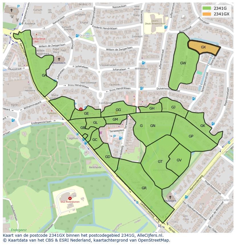 Afbeelding van het postcodegebied 2341 GX op de kaart.