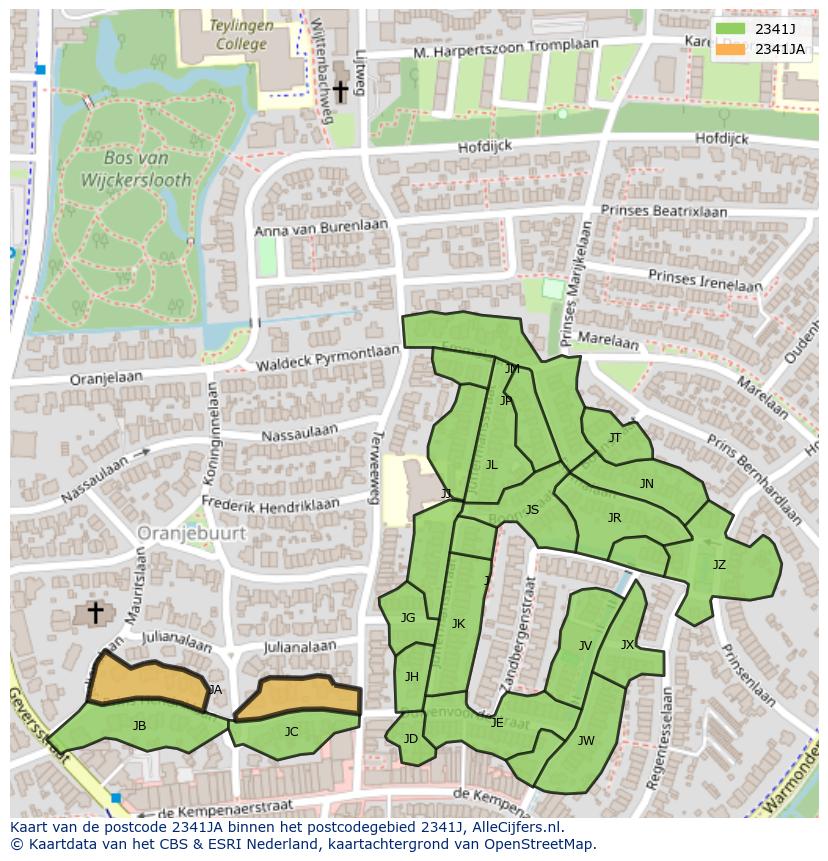 Afbeelding van het postcodegebied 2341 JA op de kaart.