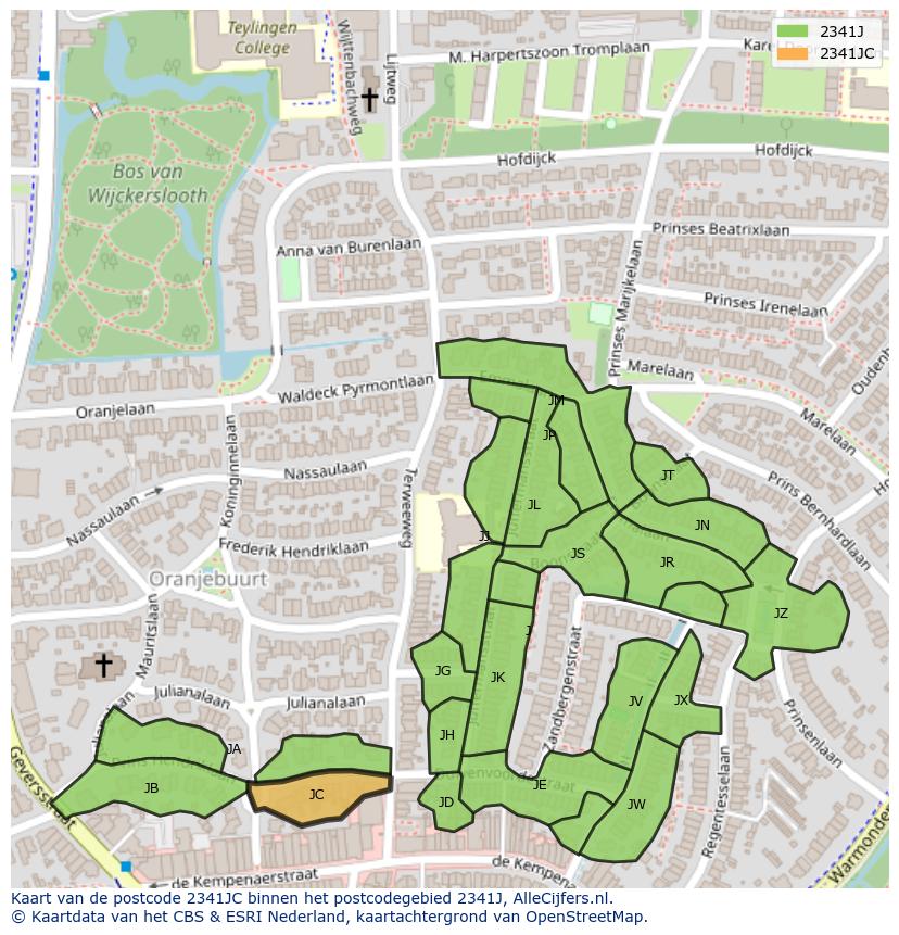 Afbeelding van het postcodegebied 2341 JC op de kaart.