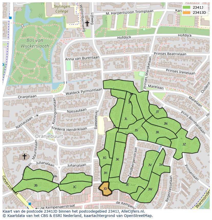 Afbeelding van het postcodegebied 2341 JD op de kaart.