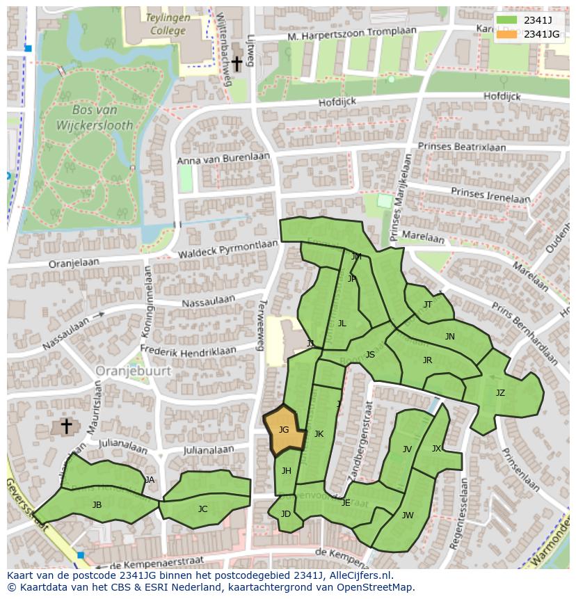 Afbeelding van het postcodegebied 2341 JG op de kaart.