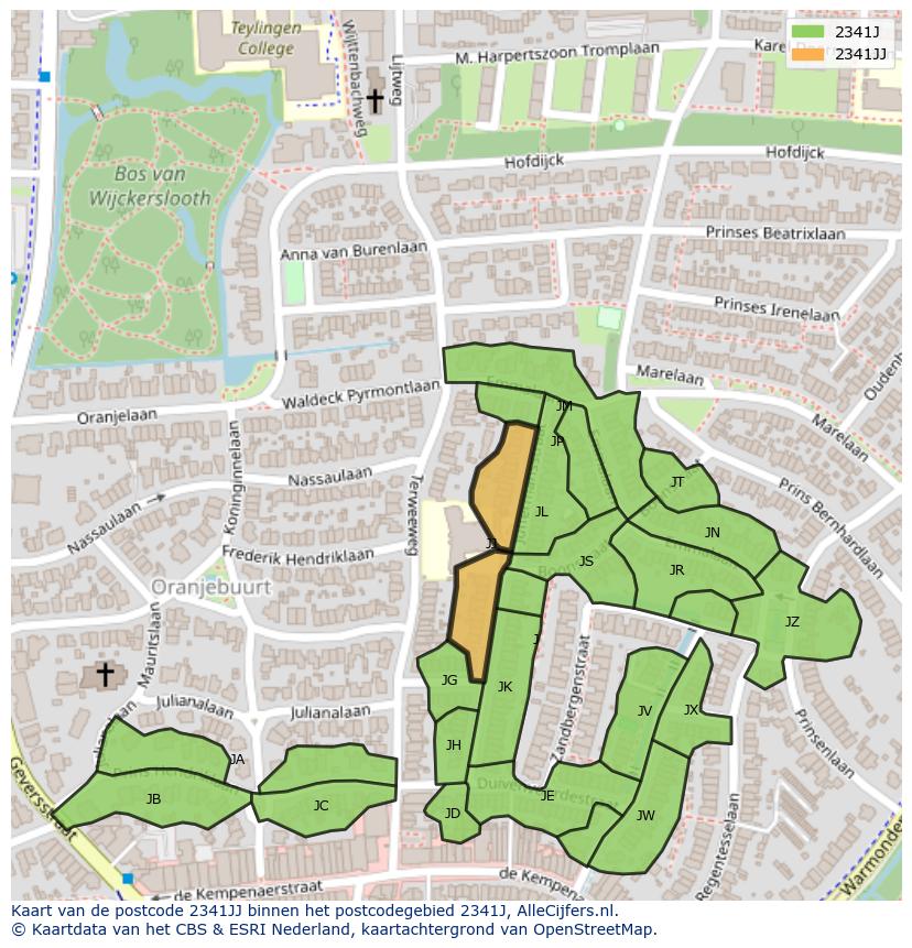 Afbeelding van het postcodegebied 2341 JJ op de kaart.