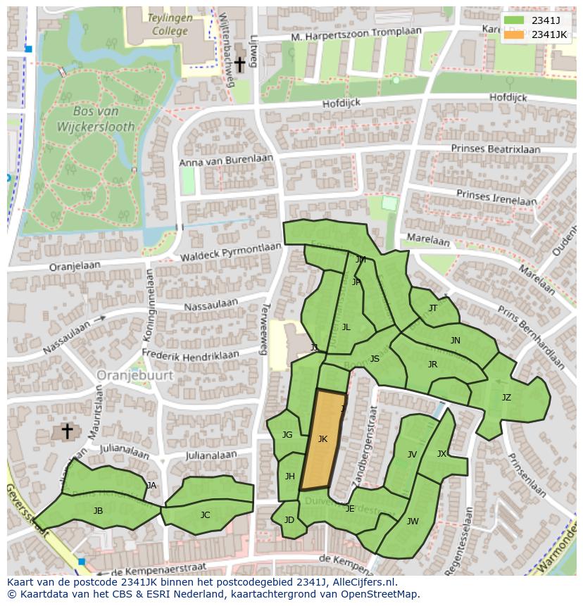 Afbeelding van het postcodegebied 2341 JK op de kaart.