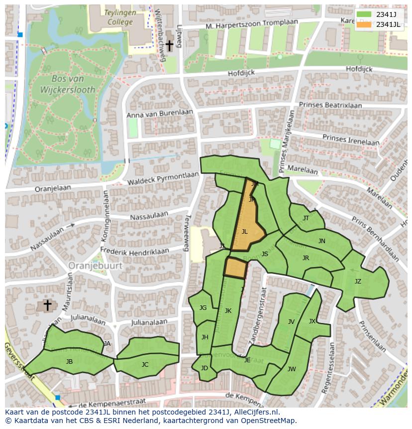 Afbeelding van het postcodegebied 2341 JL op de kaart.