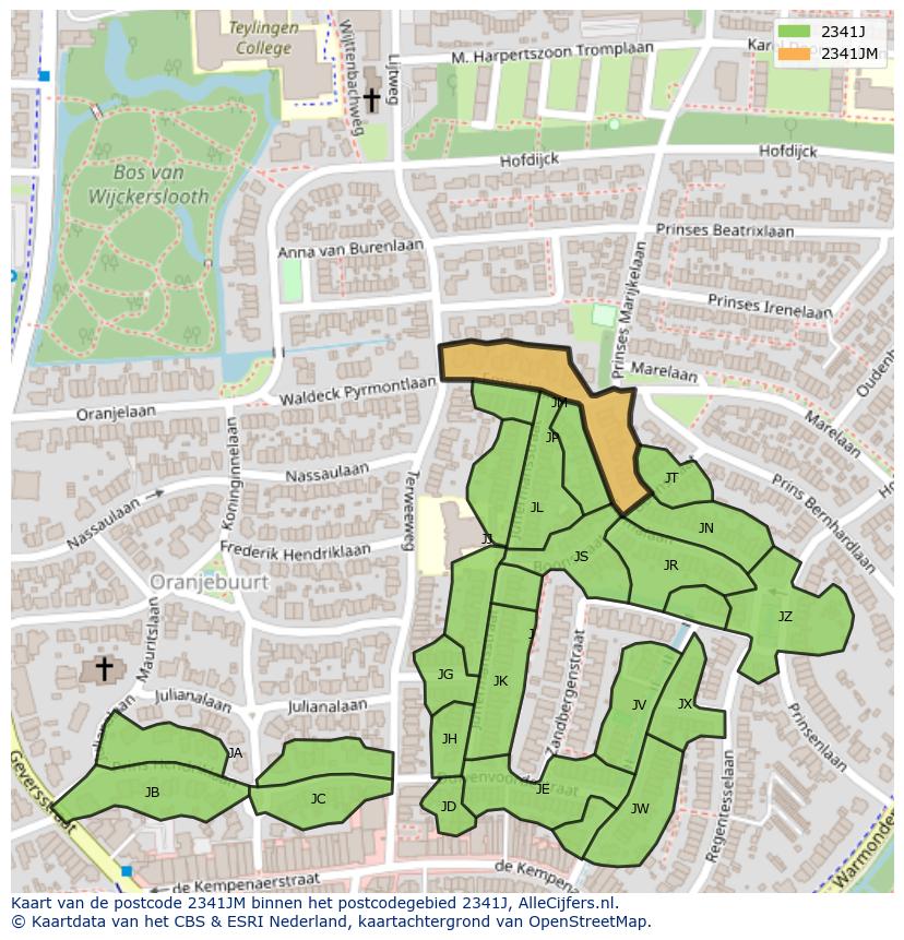 Afbeelding van het postcodegebied 2341 JM op de kaart.