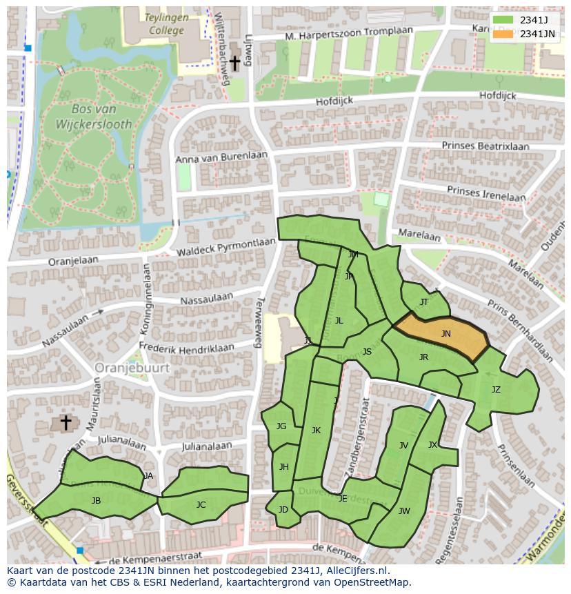 Afbeelding van het postcodegebied 2341 JN op de kaart.