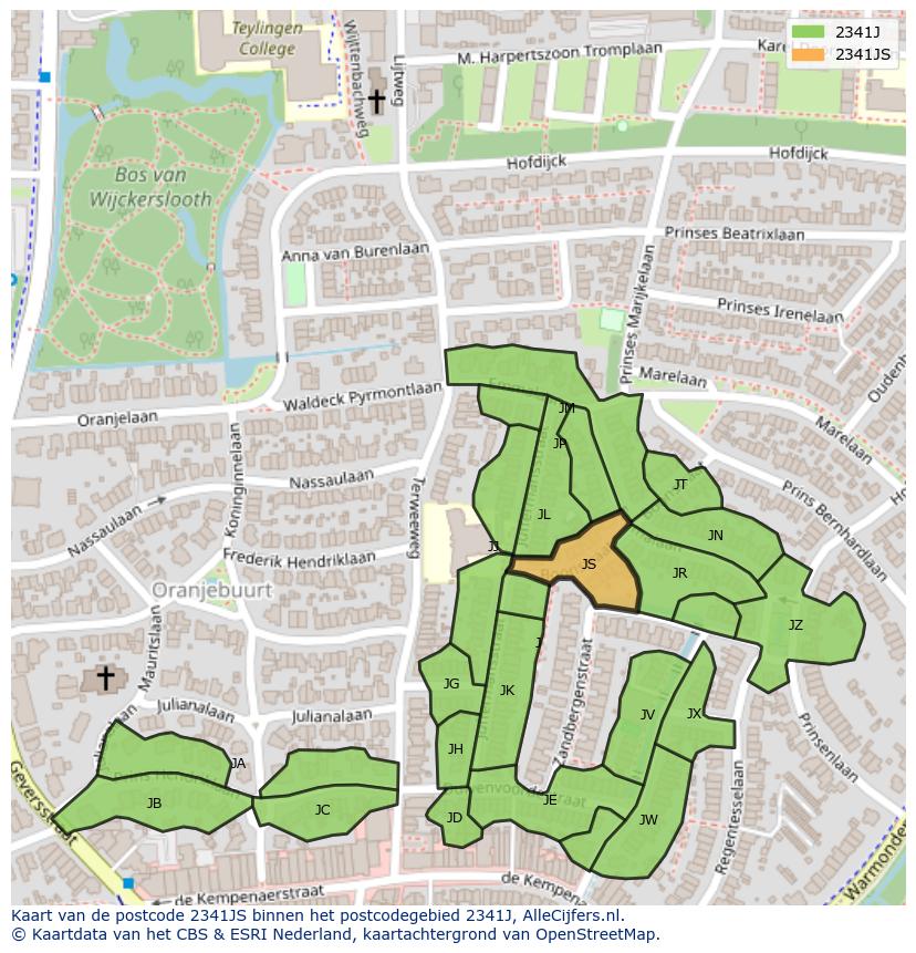 Afbeelding van het postcodegebied 2341 JS op de kaart.