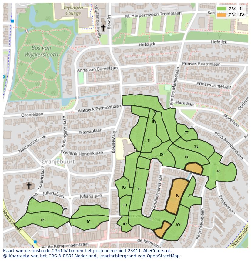 Afbeelding van het postcodegebied 2341 JV op de kaart.
